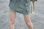 High Waist Belted Washed Denim Mini Pencil Skirt