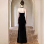 S - Sleeveless Halter Neck Plain Velvet Maxi Sheath Dress