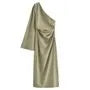 Long-Sleeve One-Shoulder Plain Slit Midi Sheath Dress