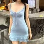 Spaghetti Strap V-Neck Plain Ruffle Trim Tie Waist Mini Bodycon Dress