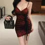 Spaghetti Strap V-Neck Lace Panel Ruched Mini Bodycon Dress