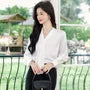 Long Sleeve V-Neck Plain Satin Blouse / High Waist Plain Midi Pencil Skirt / Pleated Midi A-Line Skirt