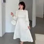 [XL-4XL] Long Sleeve Mandarin Collar Faux Pearl Trim Jacquard Midi A-Line Dress