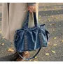 Studded Flap Pocket Washed Denim Crossbody Tote Bag