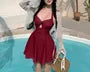 [L-5XL] Set: Halter Cutout Ruched Swimdress + V-Neck Plain Ruffle Cover Up Jacket
