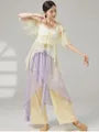 Elbow-Sleeve V-Neck Tie Front Plain Dance Top / High Waist Asymmetrical Skirt Overlay Wide Leg Pants