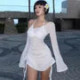 Long Sleeve One Shoulder Plain Drawstring Mini Sheath Dress