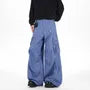Mid Rise Gingham Panel Distressed Wide Leg Cargo Pants