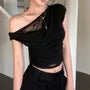 One-Shoulder Short Sleeve Asymmetrical Ruched Lace Trim Crop Top