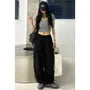 Mid Waist Plain Drawstring Cargo Baggy Pants