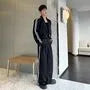 Set: Lapel Collar Striped Button Blazer + Mid Rise Wide Leg Pants