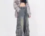 Mid Waist Washed Baggy Cargo Jeans
