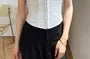 Cap-Sleeve Square Neck Ruffle Trim Hook And Eye Eyelet Lace Crop Corset Top