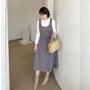 [XL-4XL] Set: Long-Sleeve Crew Neck Plain Tee + Scoop Neck Button-Up Midi A-Line Dungaree Dress