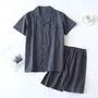 Couple Matching Pajama Set: Short-Sleeve Collared Plaid Top + Elastic Waist Shorts
