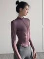 Long-Sleeve Mock Neck Plain Zip Slim Fit Sports Top