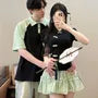 Couple Matching Short-Sleeve Collared Tie Side Frog Buttoned Slit Top / High Waist Plain Frill Trim Mini A-Line Skirt / Elbow-Sleeve Raglan Polo Shirt
