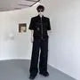 Set: Short-Sleeve Collared Plain Buckled Grommet Zip Jacket + Drawstring Waist Wide Leg Pants
