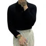 Long-Sleeve Plain Ribbed Knit Polo Shirt