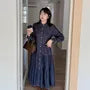 [XL-4XL] Long-Sleeve Collared Contrast Stitched Button-Up Denim Midi A-Line Dress
