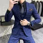 Set: Notch Lapel Plaid Single Breasted Blazer + V-Neck Single Breasted Vest + Mid Rise Cropped Slim Fit Dress Pants