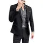 Set: Lapel Collar Plain Blazer + Mid Rise Cropped Straight Leg Dress Pants