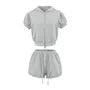 Short-Sleeve Zip-Up Plain Crop Hoodie / Drawstring Waist Hot Pants
