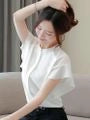 Flutter Sleeve Band Collar Plain Chiffon Shirt
