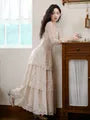 Long-Sleeve V-Neck Lace Maxi A-Line Tiered Dress