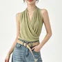 Halter V-Neck Plain Ruched Open Back Knit Top