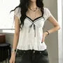 Puff Sleeve Square-Neck Lace-Trim Ruffled Hem Loose-Fit Blouse