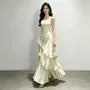 Spaghetti Strap Plain Ruched Ruffle Trim Maxi A-Line Dress