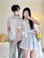 Couple Matching Short-Sleeve Collared Striped Button Up Shirt / Short-Sleeve Tie Neck Mini A-Line Dress