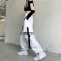 Elastic Waist Plain Cutout Buckled Wide Leg Cargo Pants