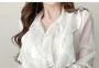 Long-Sleeve Tie-Neck Plain Ruffle Chiffon Blouse