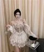 Long-Sleeve Halter Lace Mini A-Line Corset Dress