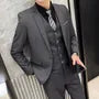 Set: Lapel Collar Plain Single Breasted Blazer + Mid Rise Plain Dress Pants + V-Neck Plain Single Breasted Vest