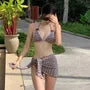 Set: Halter Plaid Bow Bikini Top + Tie Side Bottom + Cover Up Skirt