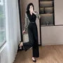 Long-Sleeve V-Neck Striped Panel Wide Leg Jumpsuit