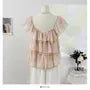 Cap-Sleeve Square Neck Lace Trim Tiered Ruffle Sheer Blouse
