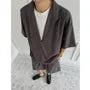 Set: Mock Two-Piece Elbow-Sleeve Split Neck Shirt + Drawstring Waist Plain Wide Leg Shorts