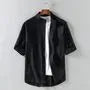 Elbow-Sleeve Stand Collar Linen Plain Shirt