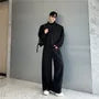Set: Lapel Collar Plain Single Breasted Blazer + Mid Rise Plain Wide Leg Pants
