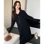 Maternity Long-Sleeve Collared Half-Buttoned Plain Midi Shift Knit Dress