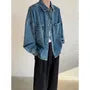 Drop-Shoulder Grommet Washed Pocket Front Denim Single-Breasted Jacket