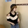 Cold-Shoulder Two-Tone Ruffled Blouse