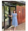 [XL-4XL] Puff-Sleeve V-Neck Plain Frill Trim Tie Front Midi A-Line Dress