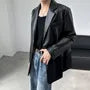 Notch Lapel Plain Faux Leather Panel One-Buttoned Blazer