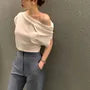Cap-Sleeve Asymmetrical Neck Off-Shoulder Plain Ruched Tee