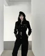 Long-Sleeve Collared Plain Zipped Half-Buttoned Straight Leg Cargo Jumpsuit